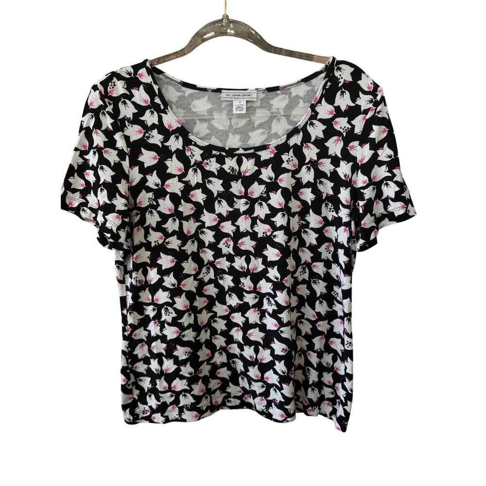 St. John Sport Size Medium Black White Floral Print Top Lightweight Casual